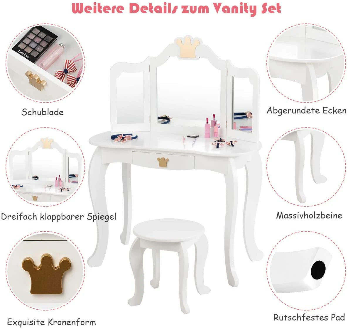 Costway Kinder Schminktisch mit Hocker – Bild 3